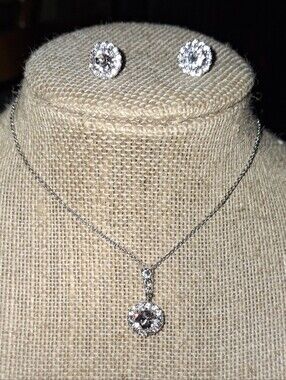 CZ Halo Set Ibb Cn Silvertone Earrings Necklace 18in Signed EUC